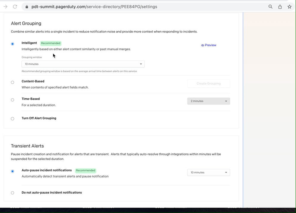 Screen recording of PagerDuty noise reduction via alert grouping.