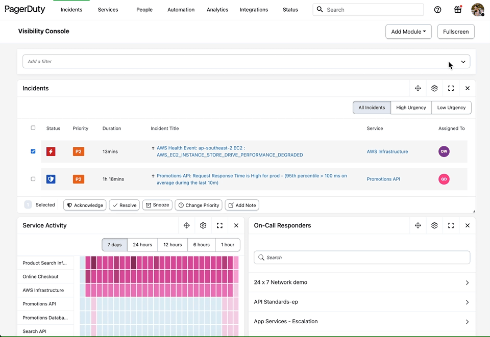 Screen recording of PagerDuty Visibility Console where users can visualize all their event data.