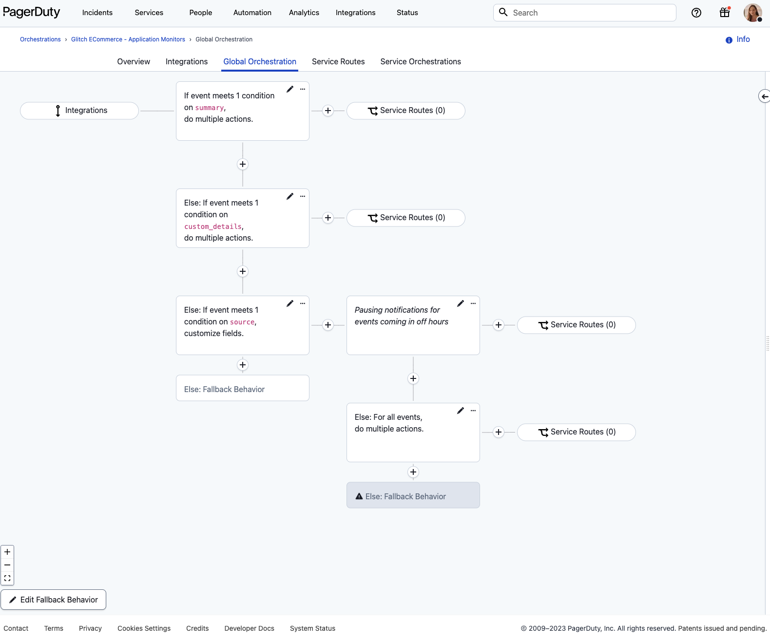 Screenshot of PagerDuty Global Event Orchestration rule builder.