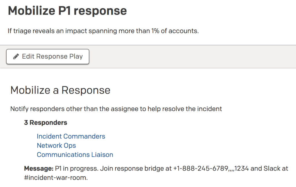 Response play entitled 'Mobilize P1 response' has three escalation policies as responders and a custom message